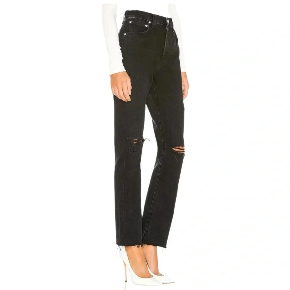 AGOLDE Cherie High Rise Straight Jeans in Distortion Black Distressed Size 24